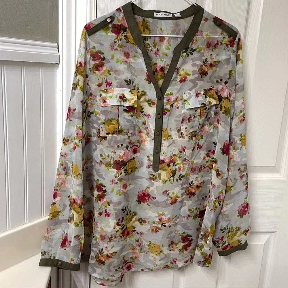 Hannah Floral Sheer Blouse with Olive Accents - Picture 2 of 8